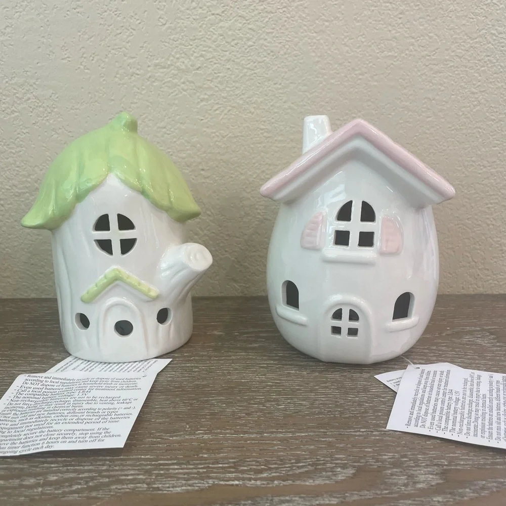 Target Spritz Easter Spring SET OF 2 Light Up Ceramic Houses Pink & Green